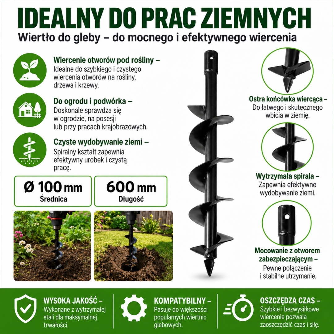 Zemní vrták 100 mm 600 mm pro vrtnou soupravu šnek do země ocel robustní zahradní M12929